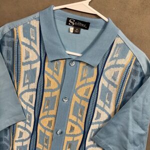 Silversilk Button Front Shirt Mens Medium Blue Geometric Knit Jacquard Excellent